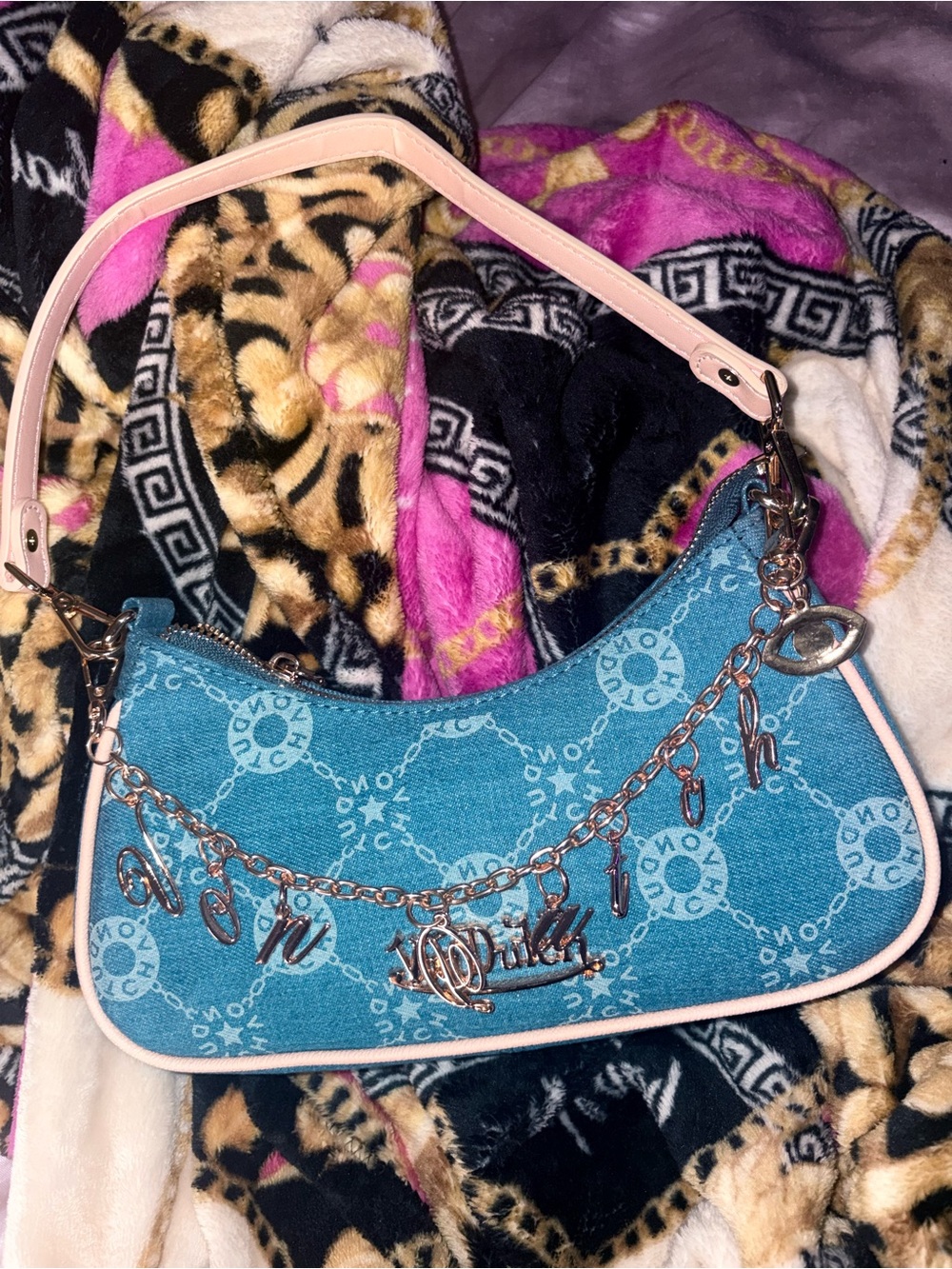 Von Dutch Blue Denim Charm Shoulder Bag